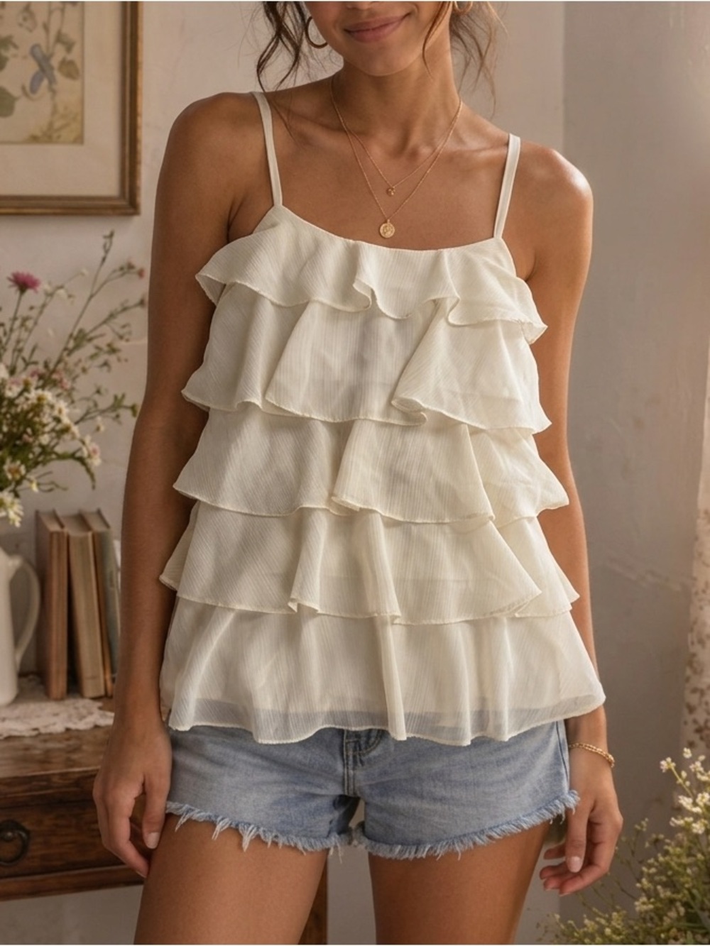 Candie’s Ivory Ruffle Tiered Spaghetti Strap Cami Top